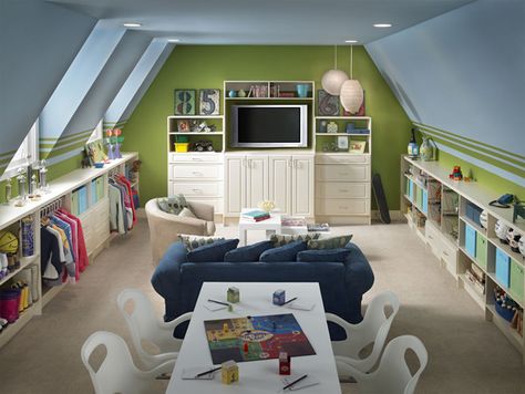 I love this play room! From the side bookshelves, dress up area, movie watching, arts and crafts table...love it! Colorful Playroom, Attic Playroom, Attic Space, Attic Renovation, Attic Storage, Attic Remodel, Playroom Design, Playroom Organization, Ideas Hogar