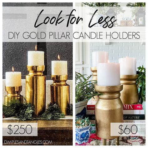 Diy Pillar Candle Holders, Gold Pillar Candle Holders, Candle Holder Makeover, Gold Pillar Candles, Gold Candle Holders, Metal Cups, Diy Candle Holders, Orchid Arrangements, Gold Diy