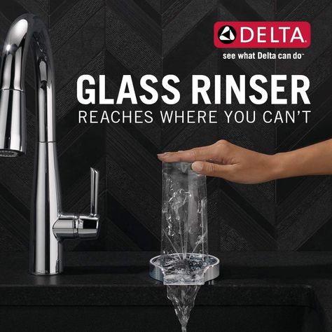 Rinse residue in seconds: Powerful water jets thoroughly rinse residue in seconds, while the subtle overhang directs water flow into the kitchen sink for easy clean-up Kitchen Renos, Cleaning Baby Bottles, Snack Station, Glass Rinser, 3d Camera, Kitchen Sink Accessories, Chrome Faucet, Sink Countertop, Delta Faucets