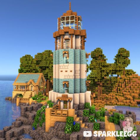 {Minecraft} Cute Little Lighthouse ✨ Minecraft Boardwalk Ideas, Minecraft Town On Water, Minecraft Working Lighthouse, Fisherman House Minecraft Ideas, Sea Temple Minecraft, Minecraft Houses Island, Minecraft Village Themes, Cute Minecraft Houses No Mods, Cute Minecraft Beach Houses