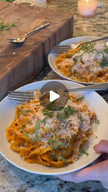 Kristen Hushen Greer on Instagram: "Roasted Tomato and Sausage Tagliatelle 🍅🧄  Serves 5-6 people.  Ingredients: -Olive Oil -Salt and Pep -12 Oz. Cherry Tomatoes  -16 Oz. Campari/Cocktail Tomatoes  -10 garlic cloves smashed (left whole with the skin removed) -2 TBL Honey -Red Pepper Flakes  -6 sprigs of fresh thyme  -1 lb. Sweet Italian Sausage with the casing removed  -1 shallot finely chopped  -1/4 cup dry white wine  -2 TBL tomato paste  -1/4 cup heavy cream  -1 lb. Tagliatelle or pasta of choice  -grated Parmesan  -chopped fresh basil   Preheat oven to 400 degrees. To an oven safe dish, add both kinds of tomatoes, 1/4 cup olive oil, 1 tsp salt, 1/2 tsp pepper, pinch of red pepper flakes, honey, and thyme. Mix together and roast in oven for 45 minutes.   While they are roasting, add a How To Make Tagliatelle Pasta, Creamy Roasted Tomato Pasta, Sausage Tagliatelle, Roasted Cherry Tomatoes Pasta, Cocktail Tomatoes, Campari Cocktail, Roasted Tomato Pasta, Fresh Tomato Pasta, Tagliatelle Pasta