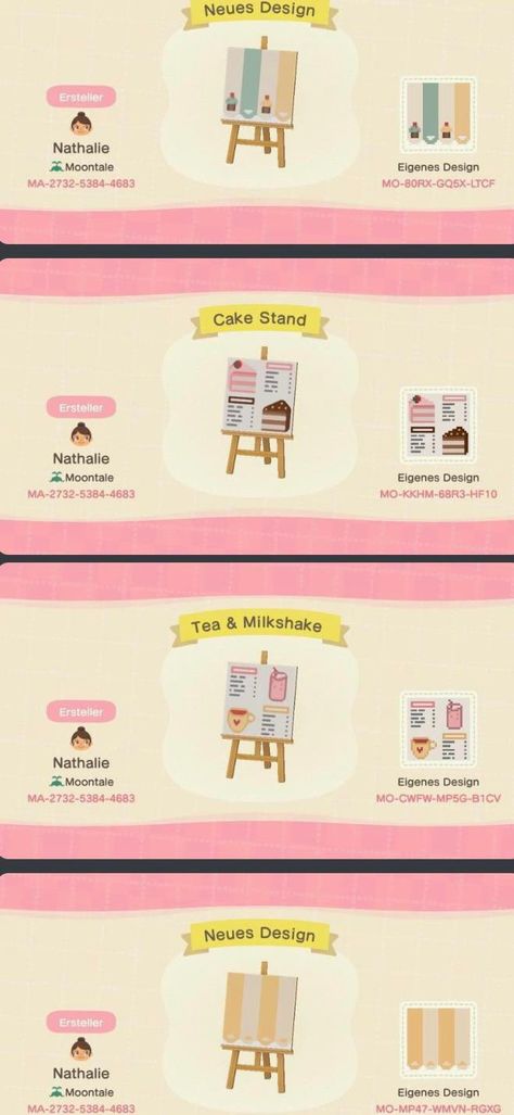 Acnh Bakery Stall Designs, Acnh Bakery Stall Codes, Bakery Stall Animal Crossing, Animal Crossing Cafe Stall, Acnh Cafe Stall, Cafe Stall Design Animal Crossing, Acnh Menu Design, Acnh Bakery Design Codes, Bakery Sign Acnh