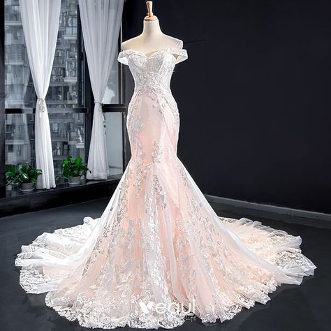 Luxury / Gorgeous Blushing Pink Bridal Wedding Dresses 2020 Trumpet / Mermaid Off-The-Shoulder Short Sleeve Backless Appliques Lace Beading Chapel Train | lace, bride и bridal Off The Shoulder Wedding Dress, Whimsical Wedding Decorations, Shoulder Wedding Dress, Colored Wedding Dress, Pink Wedding Dress, Wedding Dresses 2020, Pink Bridal, Chapel Train, Bridal Wedding Dresses