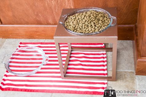 Make your own pet food stand | 100 Things 2 Do Diy Dog Bowl Stand, Pet Food Station, Pet Bowls Stand, Cute Dog Bowls, Cat Food Station, Dog Bowl Holder, Pet Feeding Station, Dog Feeding Station, Personalized Dog Bowls