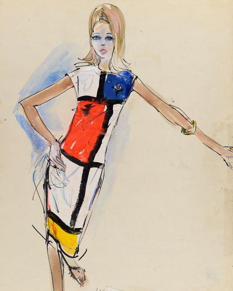 The Mondrian Dress that did it for Yves St Laurent! Stunning 1965 original drawing by Paris based Illustrator Irwin 'Bud' Crosthwait (1914-… Mondrian Dress, Vintage Fashion Sketches, Fashion Illustrators, Yves Saint Laurent Fashion, Ysl Fashion, Yves St Laurent, Kawaii Clothes Goth, Ysl Saint Laurent, St Laurent