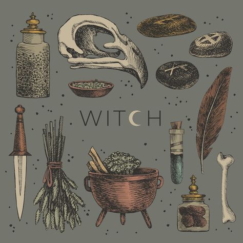 Mystical Items, Herbs Magic, Pagan Traditions, Herbs Illustration, Illustration Elements, Witch Drawing, Witch Herbs, Witch Potion, Magic Stones