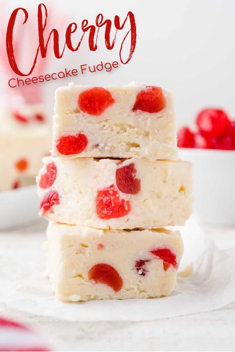 Cherry Cheesecake Fudge - Switch up your fudge game and start making THIS fudge for the holidays! Candied cherries are buried in premium white chocolate, and chilled to perfection. Creamy, rich, and decadent, this recipe is easy and addicting all at once. #fundge #cherry #cheesecake #valentinesday #christmas #holidays | See this and other delicious recipes at TheSeasideBaker.com Cherry Cordial Fudge Recipe, Amazing Fudge Recipes, White Chocolate Cherry Fudge, Flavored Fudge Recipes, Southern Christmas Candy Recipes, Candy Recipes Homemade Easy, Cheesecake Fudge Recipe, Chocolate Cherry Fudge, Christmas Fudge Recipes