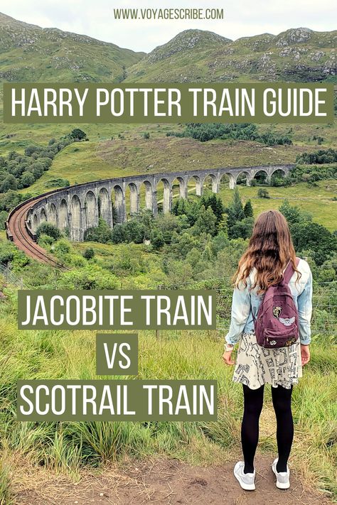 Wearing Marauder's Map dress and Harry Potter backpack while looking out at the Glenfinnan Viaduct, which the "Harry Potter" train rides over. Harry Potter Train Scotland, Harry Potter Scotland, Jacobite Steam Train, London To Scotland, Hogwarts Train, Harry Potter Train, Diesel Train, Ireland Places To Visit, Glenfinnan Viaduct