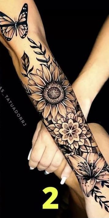 Sunflower Forearm Tattoo Women, Upper Half Sleeve Tattoo For Women, Sunflower Forearm Tattoo, Forearm Tattoo Women Sleeve, Bohemian Tattoo Sleeve, Unique Forearm Tattoos, Arm Sleeve Tattoos For Women, Feminine Tattoo Sleeves, Forearm Tattoo Women