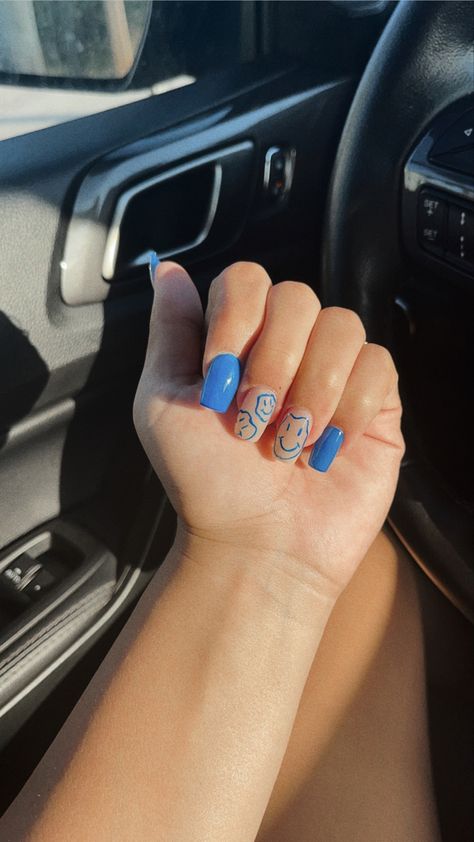 Aesthetic Square Nails, Blue Square Acrylic Nails, Smiley Face Nails, Sqaure Nails, Dark Blue Nails, Checkered Nails, Short Coffin Nails, Blue Acrylic Nails, Seasonal Nails