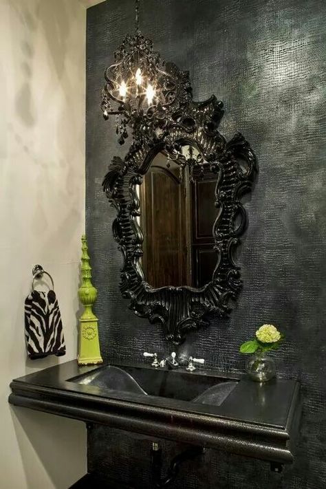 Love it! Gothic Bathroom Decor, Gothic Bathroom, Green Accent Walls, Dark Bathrooms, Eclectic Bathroom, Gothic Furniture, Goth Home, Dark Home, Goth Decor