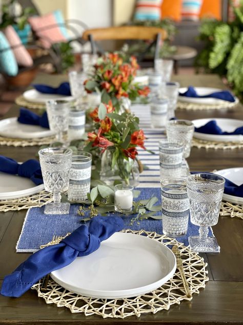 Yacht Decorating Ideas, Mediterranean Tablescape, Greek Bedroom, Mediterranean Party, Woven Charger, Bamboo Flatware, I Close My Eyes, Bistro Lights, Blue Napkins