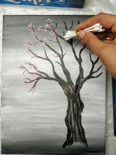 Painting a Cherry Blossom Tree with Acrylics and Cotton Swabs! Painting A Tree, Cherry Blossom Tree Painting, Cherry Blossom Painting Acrylic, Blossom Tree Painting, Tre Kunst, Cherry Blossom Painting, Cherry Blossom Art, Canvas Painting Tutorials, Easy Canvas Painting