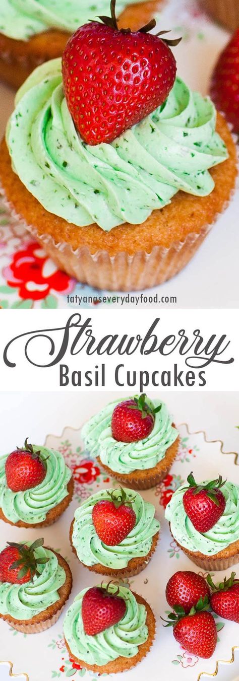 Strawberry Basil Cupcakes, Basil Buttercream, Strawberry Cream Puffs, Cupcakes Easy, Cupcake Videos, Crazy Kitchen, Strawberry Basil, Cake Stuff, Cupcake Flavors