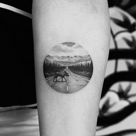 Moose crossing a street dotwork circle tattoo by @amanda_piejak. Alaskan Tattoos, Alaska Tattoo, Elk Tattoo, Moose Tattoo, Canada Tattoo, Alaska Moose, New Zealand Tattoo, Circle Tattoo, Circle Tattoos