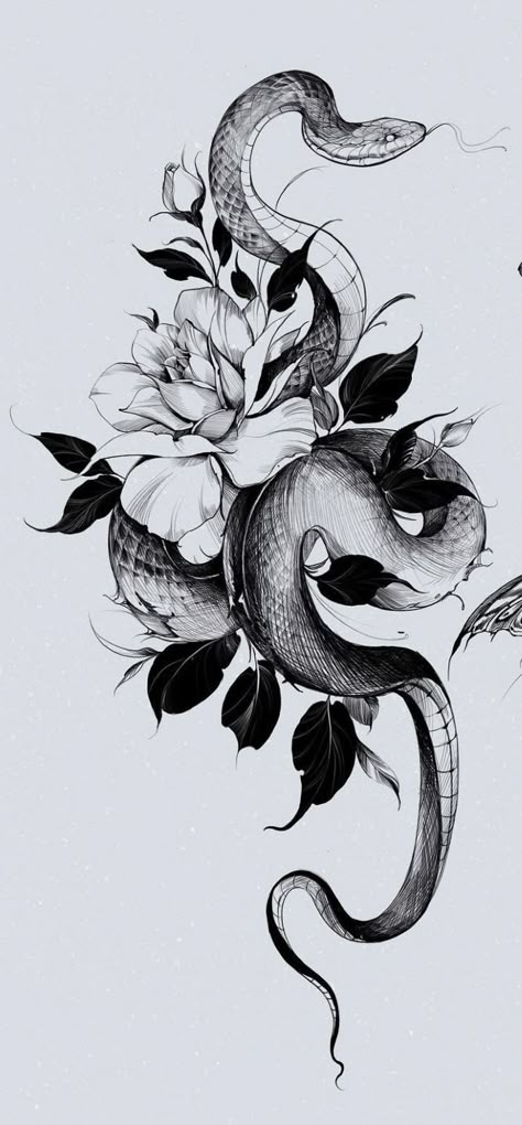 Black Snake And Flower Tattoo Design, Peonies Snake Tattoo, Snakes Sleeve Tattoo, Snake Lily Tattoo, Snake And Flowers Tattoo Back, Snake And Flower Back Tattoo, Snake Tattoo Large, Water Snake Tattoo, Snake In Flowers Tattoo