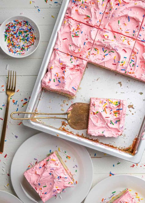 Funfetti Cake Sheet Cake, Strawberry Cake With Sprinkles, Confetti Sheet Cake, Pink Funfetti Cake, Colorful Sheet Cake, Strawberry Funfetti Cake, Pink Sheet Cake, Funfetti Sheet Cake, Vanilla Sheet Cake