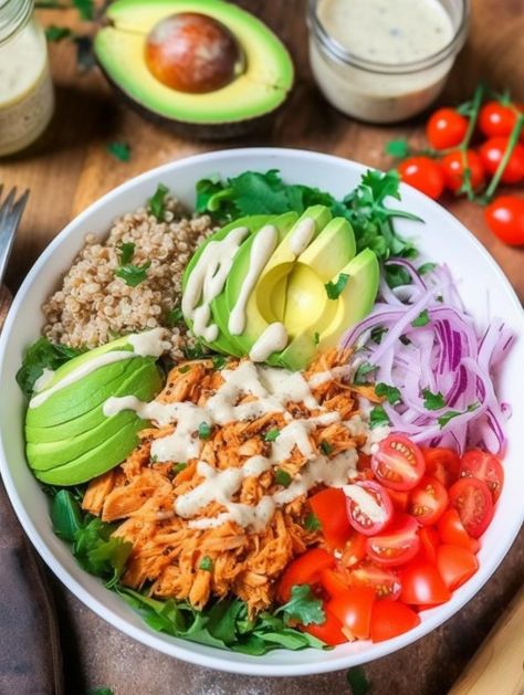 Spicy Buffalo Chicken Quinoa Power Bowls Buffalo Chicken Power Bowl, Buffalo Chicken Quinoa, Chicken Quinoa Bowl, Meal Bowls, Buffalo Chicken Sauce, Fluffy Quinoa, Spicy Buffalo Chicken, Nashville Hot Chicken, Chicken Quinoa