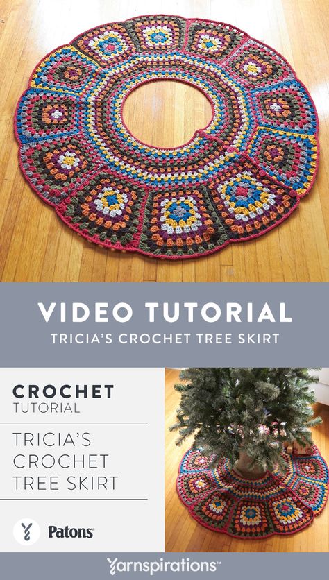 Free Crochet Tree Skirt Pattern | If you've created a rustic mood in your holiday home, this granny square tree skirt it the ideal embellishment. Patons Classic Wool Worsted lets you complete a warm looking piece in shades to complement the traditional look of any home. Happy holidays! #yarnspirations #patonsclassicwool #crochet #crochetpatterns #homedecor #holidaydecor How To Crochet A Tree Skirt, Tree Skirt Pattern Crochet, Craft Christmas Tree Decorations, Crocheted Christmas Tree Skirts, Tree Skirt Crochet Pattern, Crocheted Tree Skirt, Free Christmas Tree Skirt Crochet Patterns, Free Crochet Tree Skirt Patterns, Crochet Tree Skirts