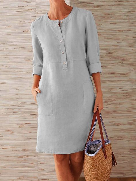 be53ee61104935234b174e62a07e53cfdesc39919054ri Linen Tunic Dress, Long Sleeve Tunic Dress, Cotton Linen Dresses, Womens Shift Dresses, Plain Dress, Cotton Kurti, Linen Tunic, Crewneck Dress, Vestido Casual