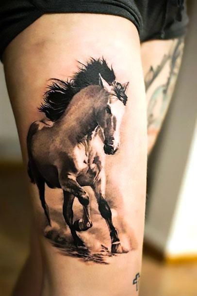 Amazing Wild White Horse Tattoo Idea - Beautiful running wild white horse tattoo on the thigh. White Horse Tattoo, Stallion Tattoo, Freedom Symbol Tattoo, Horse Tattoo Design, Freedom Tattoos, Tier Tattoo, Back Of Shoulder Tattoo, Horse Tattoo, Thigh Tattoos Women