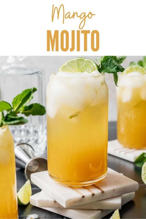 This mango mojito is going to be your go-to cocktail in the heat of summer. It's made with fresh mango, mango juice, and a few other staple ingredients. All you need is 10 minutes, and you can be sipping on this cool, alcoholic cocktail in no time. Mango Juice Cocktail Recipes, Mango Nectar Recipes, Mango Juice Cocktail, Walsh Family, Malibu Cocktails, Mango Cocktail, Family Breakfast Recipes, Mango Mango, Gold Rum