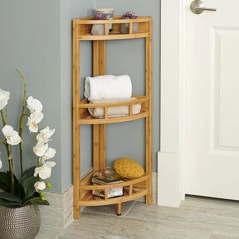 Small Bathroom Set Up, Corner Toilet Shelves, Small Bathroom Corner Shelves, Standing Bathroom Shelf, Bamboo Shelves Bathroom, Small Bathroom Corner Storage, Corner Shelving Bathroom, Bathroom Plant Stand, Bathroom Corner Decor