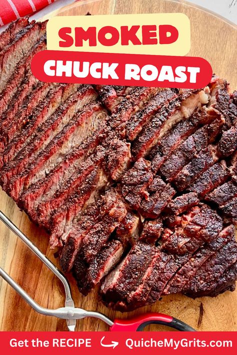 A smoked chuck roast that has been sliced on a wooden board. Smoked Beef Roast, Chuck Roast Recipe, Roast Brisket, Beef Chuck Steaks, Pellet Smoker Recipes, Smoked Chuck Roast, Chuck Roast Recipes, Grilled Roast, Best Beef Recipes