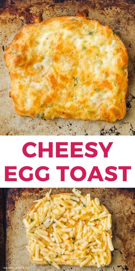 Bread on a sheet pan with a mixture of shredded cheese and egg on top and closeup of baked cheesy toast. Egg Ideas For Brunch, Cheesy Egg Toast, Eggs And Toast, Breakfast Favorites, Delicious Smoothie Recipes, Recipe Smoothie, Foodie Breakfast, British Cooking, Delicious Sides