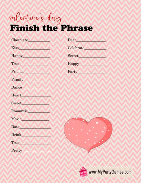 Valentines Day Games For Adults Free Printable, Galentines Game Ideas, Finish My Phrase Game, Vday Activities, Valentines Tea, Church Valentines, Vday Party, Valentines Tea Party, Love Cards For Him