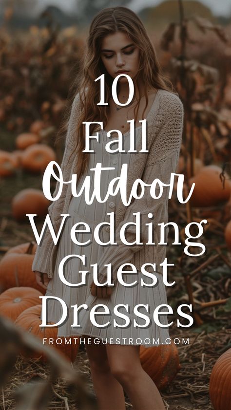 a woman wears fall outdoor wedding guest dress Dresses For Fall Outdoor Wedding Guest, Bridal Bonfire Outfit, Fall Dress Outfit Wedding, What To Wear To A Ranch Wedding, Fall Outdoor Event Outfit, Autumn Guest Wedding Outfits, Casual Mother Of The Groom Dresses Fall, Outdoor Wedding Dress Ideas Guest, Colorado Wedding Guest Outfit