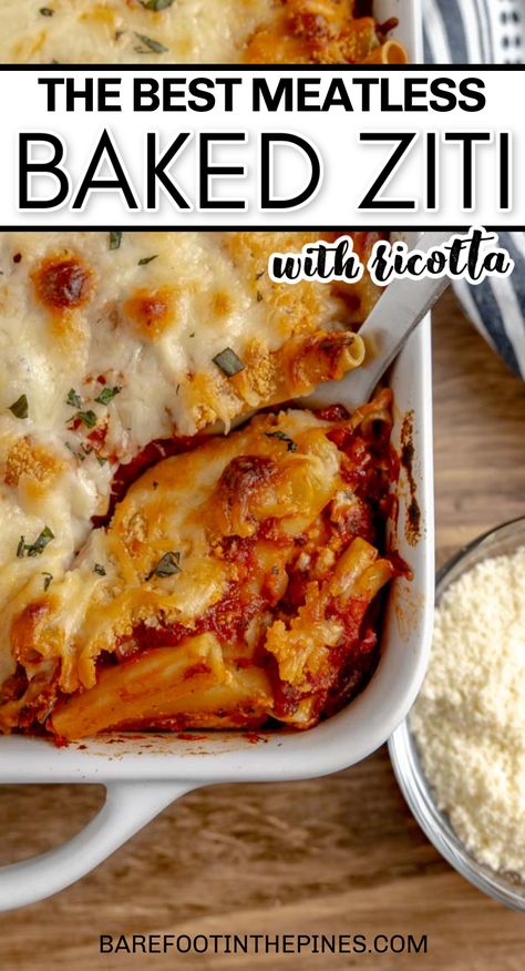 Oven Baked Ziti Meatless, Pasta With No Meat Recipes, Easy Baked Ziti No Meat, Baked Pasta Recipes No Meat, Ricotta Baked Ziti, Baked Ziti With Ricotta No Meat, Meatless Pasta Bake, No Meat Baked Ziti, Baked Ziti Without Meat