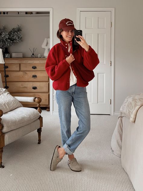 I was thinking: Give me all the red in my closet. Pile it on. Red Fleece Jacket Outfit, Red Long Cardigan Outfit, Red Fleece Outfit, Red Cardigan Outfit 2024, Cardigan And Sneakers Outfit, Red Sweatshirt Outfit, Red Cardigan Outfit, Red Hat Outfit, Red Outfit Winter