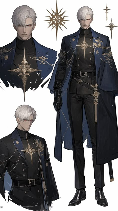 Royal Guard Outfits Male, Formal Character Design Male, Cold Weather Fantasy Outfits Male, Magic Academy Uniform Design, Male Character Design Clothes, Fae Prince Outfit, Masculine Fantasy Outfit, Black Fantasy Outfit Male, Fantasy Male Outfit Design