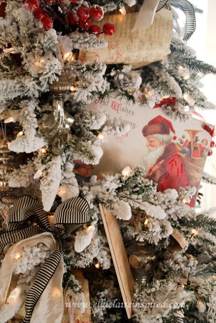 {Ella Claire}: Details of Our Christmas Tree French Christmas Tree, Vintage Inspired Christmas Tree, Ella Claire, Christmas Santas, Flocked Christmas Trees Decorated, Winter Decorating, Tree Handmade, Christmas Cottage, A White Christmas