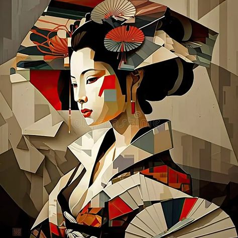 Cubist Geisha with Elaborate Hairstyle - Abstract Illustration - Generative AI. Illustration about kimono, culture, hairstyle, girl, painting, figure, cubist, dress - 268394132 Geisha Painting, Geisha Illustration, Cubist Paintings, Japanese Geisha, Human Figure, Editorial Illustration, Warm Colors, Stock Illustration, Hair Styles