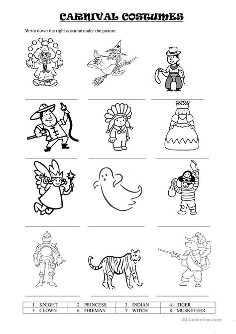 Carnival costumes - English ESL Worksheets Carnival Clothes, Easter Math Worksheets, Carnival Activities, Alphabet Activities Kindergarten, Carnival Of The Animals, Animal Worksheets, Worksheet For Kids, Worksheets For Preschool, English Worksheets For Kids