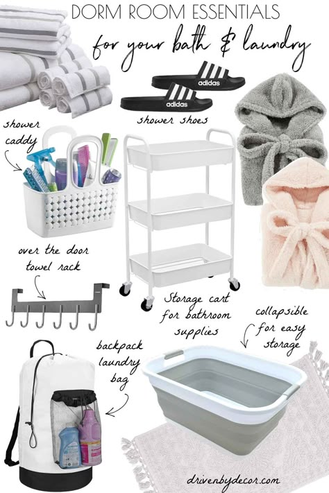 Dorm room bath and laundry essentials Dorm Room Shower Organization, Bathroom Dorm Essentials, Dorm Shower Organization, Everything Shower Essentials, Dorm Room Bathroom Organization, College Dorm Shower Caddy Ideas, Dorm Room Cleaning Supplies, Bathroom Needs List, Rental Room Ideas