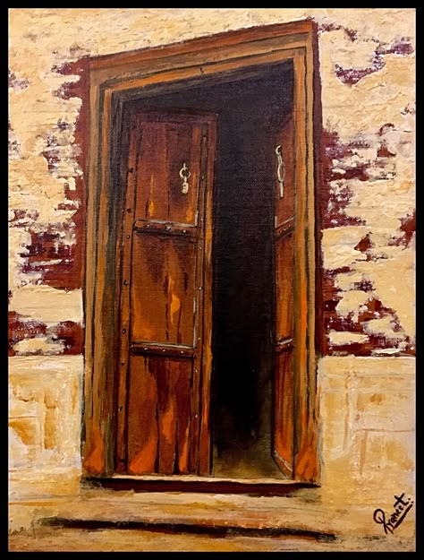 “Passage Through Time”.... Acrylic on Canvas Board. #painting #artist #acrylicpainting #olddoors #doors #artwork #oldcity #antiquedoors #art Door Canvas Art, Abstract Door Painting, Painting Of A Door, Open Door Painting, Old Door Painting, Doors Artwork, Door Artwork, Coffee Paintings, Erin Morgenstern