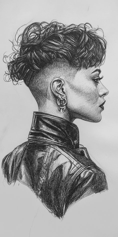 Pixie Cut with Undercut: A Creative Drawing Idea in 21 Drawings of Cute Hair Styles for Women Female Hair Sketch, Hair Sketch Reference, Pin Up Bangs, French Twist Bun, Short Hair Drawing, Messy Top Knots, Slicked Back Ponytail, Side Swept Curls, Pixie Cut With Undercut