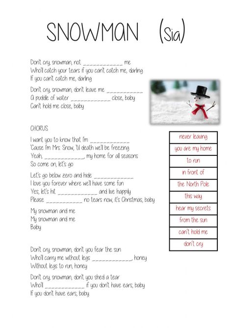 Snowman (Sia) SONG worksheet Song Lyrics Worksheet, Esl Songs Worksheets, Snowman Sia Lyrics, Lyrics Worksheet, Snowman Worksheet, Songs Listening, Song Listening, Snowman Sia, Sia Lyrics