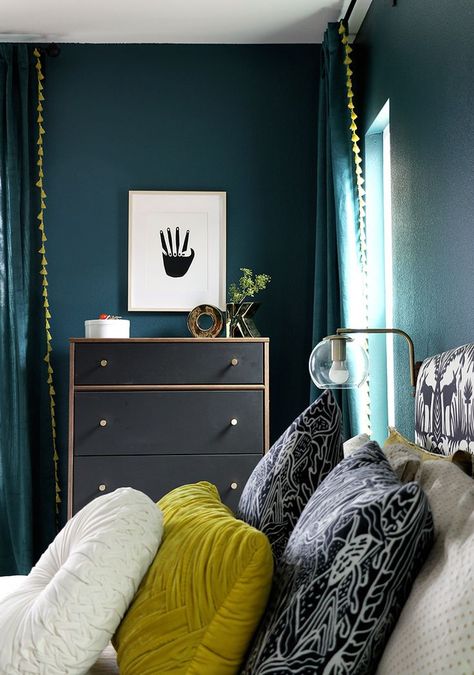 Love this dark bedroom with teal walls with matching curtains   #persialou #homedecor #bedroomdecorideas #bedroom decor #darkwalls Dark Teal Bedroom, Korean Bedroom, Teal Bedroom Decor, Bedroom Teal, Teal Bedroom, Dark Bedroom, Teal Walls, Bedroom Images, Eclectic Bedroom