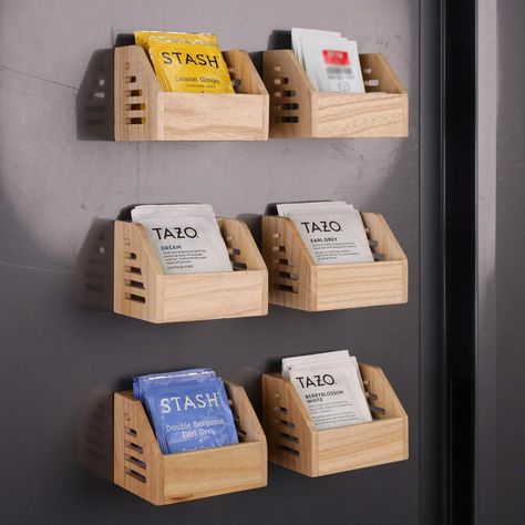 PRICES MAY VARY. 𝐖𝐇𝐀𝐓 𝐈𝐒 𝐈𝐍𝐂𝐋𝐔𝐃𝐄𝐃 - The Package includes 6 tea bag holders. Each tea organizer measures 3.5’’L×2.76’’W×2.76’’H and can hold up to 8 standard size tea bags inside each. You can use your creativity to arrange different shapes on your refrigerator. 𝐄𝐂𝐎−𝐅𝐑𝐈𝐄𝐍𝐃𝐋𝐘 𝐖𝐎𝐎𝐃 𝐌𝐀𝐓𝐄𝐑𝐈𝐀𝐋 - BEARDO DECOR magnetic tea bag organizers are made of natural Paulownia wood, ensuring exceptional durability, impressive toughness, and a crack-free surface. The distinctiv Tea Cabinet Organization, Drink Packet Organization, Tea Display Ideas, Home Tea Bar, Tea Station Ideas Small Spaces, Tea Storage Ideas, Tea Bar Ideas, Tea Corner Ideas, Tea Shelf