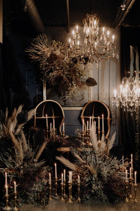 Goth Chic Wedding Decor, Glam Goth Wedding, Gothic Wedding Backdrop, Dark Romance Wedding Theme, Moody Chandelier, Goth Reception, Goth Glam Wedding, Wedding Dark Aesthetic, Moody Glam Wedding