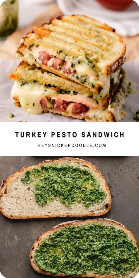 This sandwich is loaded with pesto, melty fontina cheese, piled high with delicious slices of turkey and tomato and then grilled or toasted until it is a perfect golden brown. It has got tons of flavor and is a great lunch or dinner choice! Turkey Pesto Sandwich, Pesto Panini, Turkey Pesto, Pesto Sandwich, Fontina Cheese, Easy Turkey, Lost 100 Pounds, Health Dinner, Health Dinner Recipes