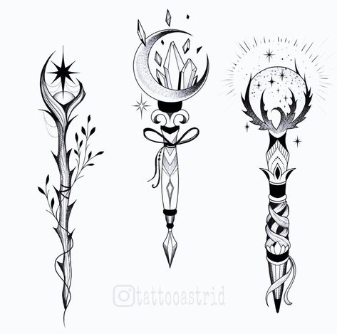 Witch Core Drawing, Apothecary Tattoo Ideas, Wand Tattoo Ideas, Witchy Dagger Tattoo, Wizard Hat Tattoo, Witchy Tattoo Ideas Goddesses, Sorcerer Tattoo, Witch Broom Drawing, Witches Broom Tattoo