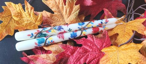 Thanksgiving Candles, Ivory Candles, Leaves Candle, Water Based Acrylic Paint, Leaves Autumn, Candle Store, Painted Candles, Katy Tx, Fall Candles