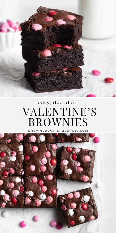 The richest, fudgiest, most delicious brownies ever! Easy to make and bursting with chocolate flavor, these M&M’s brownies are a festive holiday treat and can be changed for any occasion. | Browned Butter Blondie Desserts To Make For Valentines Day, Brownie Recipes Valentines, Valentine’s Day Brownie Ideas, Valentines Sweets Recipes, Chocolate Valentines Desserts, Valentine's Baking Ideas, Brownie Valentine Ideas, Valentines Brownies Ideas, Homemade Valentines Treats