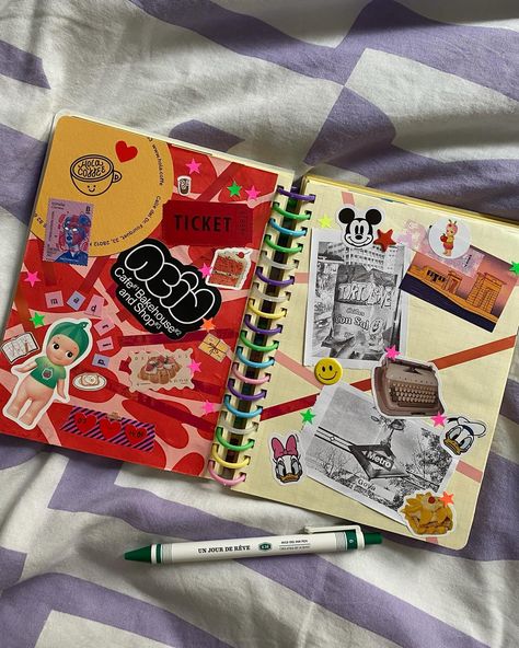 Journal page with café stickers and sonny angel as well as black and white pictures My Travel Journal, Travel Journal Scrapbook, Pretty Journals, Introduce Yourself, Notes Journal, My Travel, Kid Core, Love Craft, Scrapbook Journal