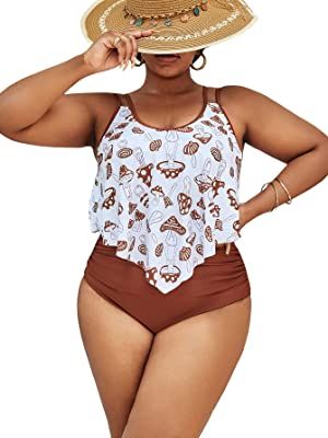 High Waisted Bathing Suits Plus Size, Lesbian Swim Outfit, Plus Size Summer Outfits Big Stomach, Plus Size Bathing Suits, Plus Size Swimsuit, Plus Size Tankini, Plus Size Summer Outfits, Mushroom Print, High Waisted Bathing Suits